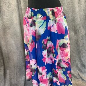 Bright Blue Floral A-Line Midi Skirt with Smocked Waist